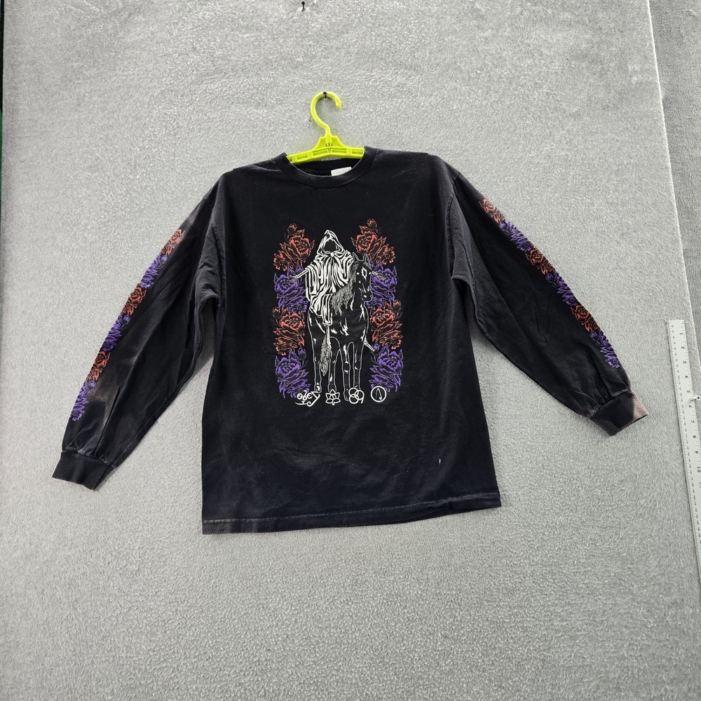 Obey Women Top M Black Floral Death Reaper Horse Flowers Embroidered READ